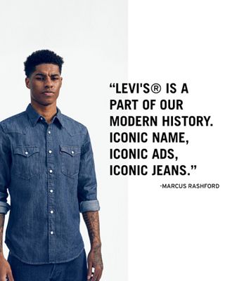 A photo of Marcus Rashford wearing a Levi's Button up and quote overlaying it saying, "Levi's is a part of our modern history. Iconic Name, Iconic Ads, Iconic Jeans." - Marcus Rashford