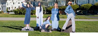 Five cutouts of models wearing outfits from Levi's x Ganni collection photographed in a green field in San Francisco in front of houses.