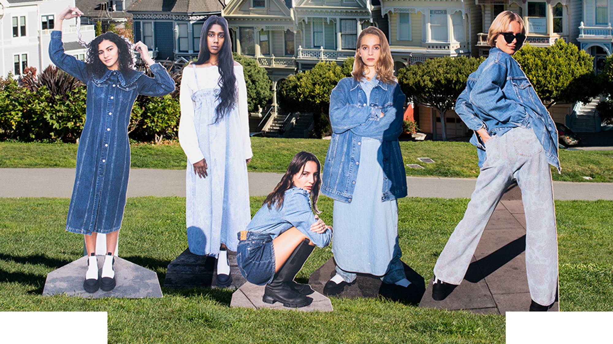 Five cutouts of models wearing outfits from Levi's x Ganni collection photographed in a green field in San Francisco in front of houses.