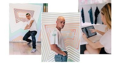 Three images of TikTokers - the left image is of Callen Schaub, the middle image is of Everett Williams individually standing in front of a neon Levi's® sign and the image on the right is an image of Cosette using an iPad to design her own Future Finish product.
