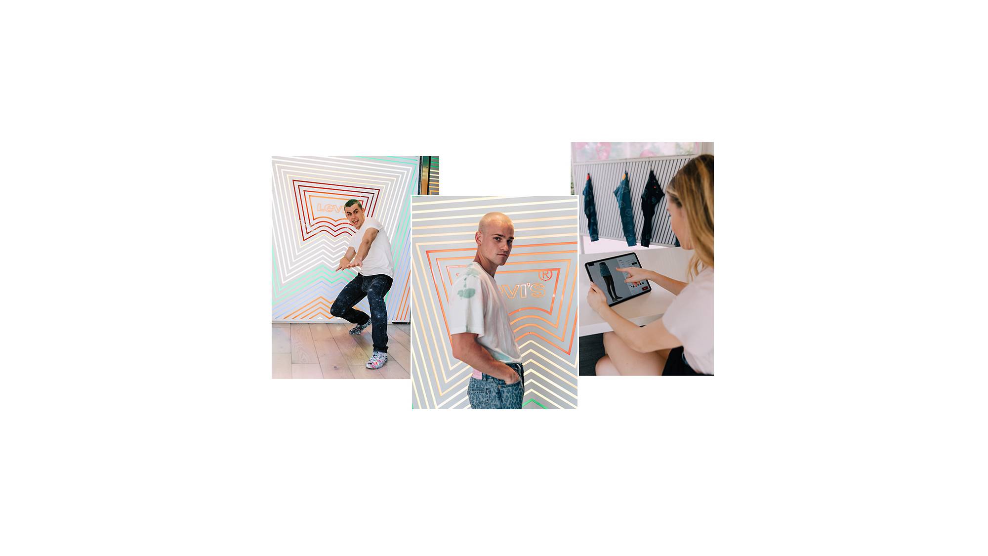 Three images of TikTokers - the left image is of Callen Schaub, the middle image is of Everett Williams individually standing in front of a neon Levi's® sign and the image on the right is an image of Cosette using an iPad to design her own Future Finish product.