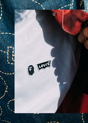 a closeup shot of the Levi's and bape logo on a t shirt