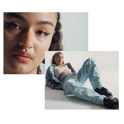 Two photos, one a close up shot of Ama Elsesser's face, the other is a shot of her leaning back lying down wearing a tank tied at the ribs, a Levi's jean jacket, and Levi's jeans