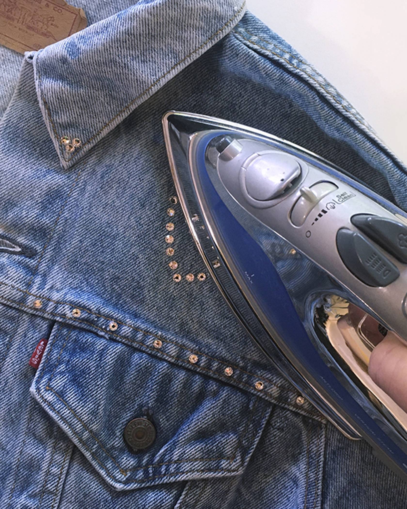 crystal pressed by flat iron on trucker jacket