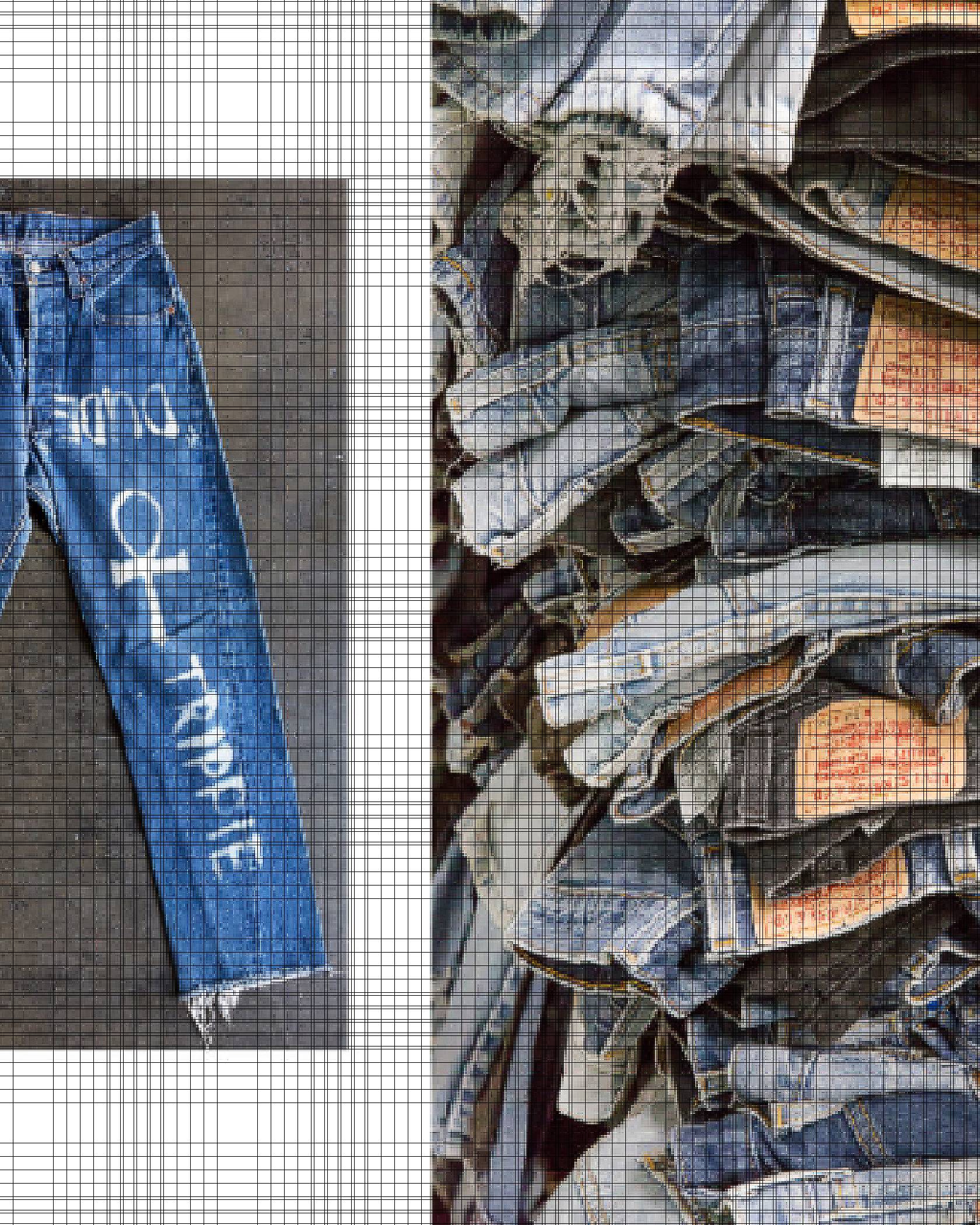 Jeans laying flat on the floor and having white spray paint with words on them.