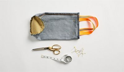 denim wine bag scissors measuring tape pins