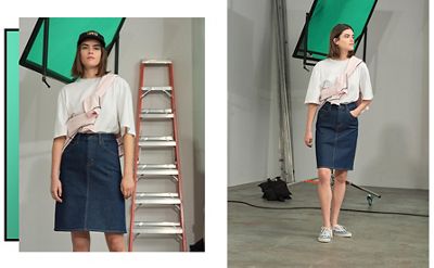 The denim pencil skirt.