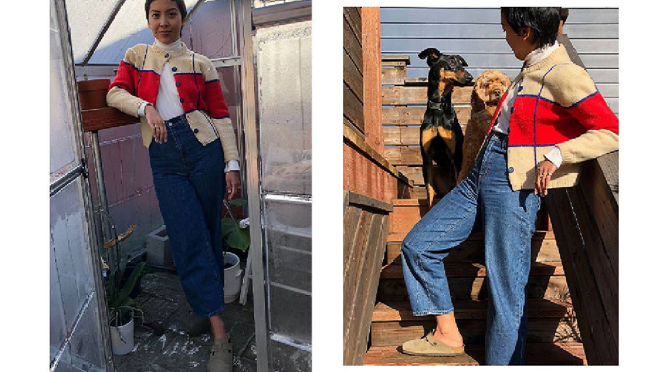 Side by side images of Victoria Cao at her home. In the first image, she's standing in her greenhouse wearing a white turtleneck, red and cream cardigan buttoned only at the top button, and Levi's blue jeans. In the second image, she's wearing the same outfit but standing on her back steps with her dogs.