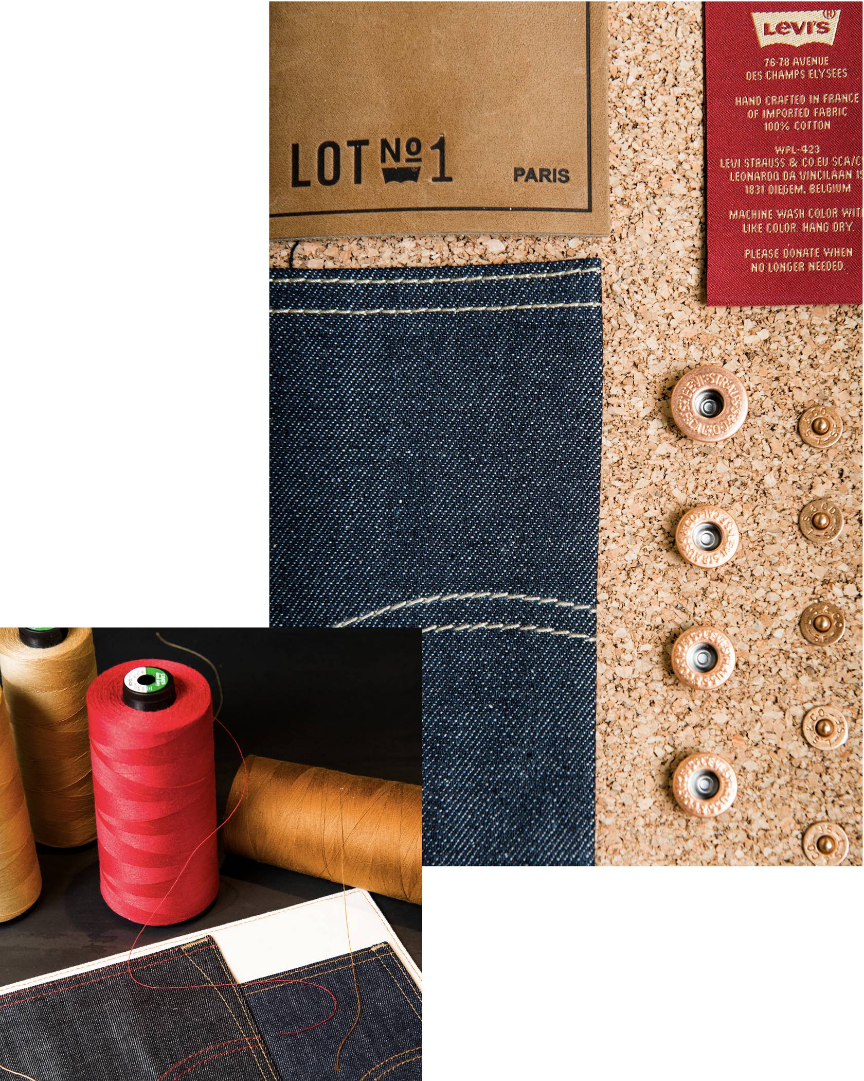 Denim pieces, threads, leather patches, rivets, buttons, pockets.