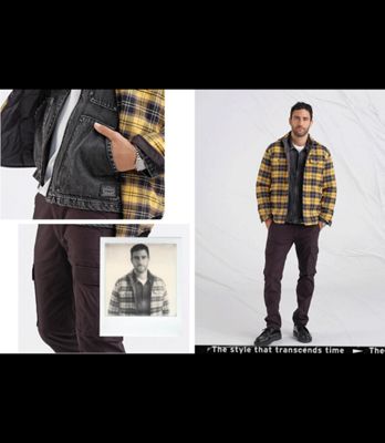 Utility Trend. Black/ yellow/ dark blue plaid jacket with brown pants.