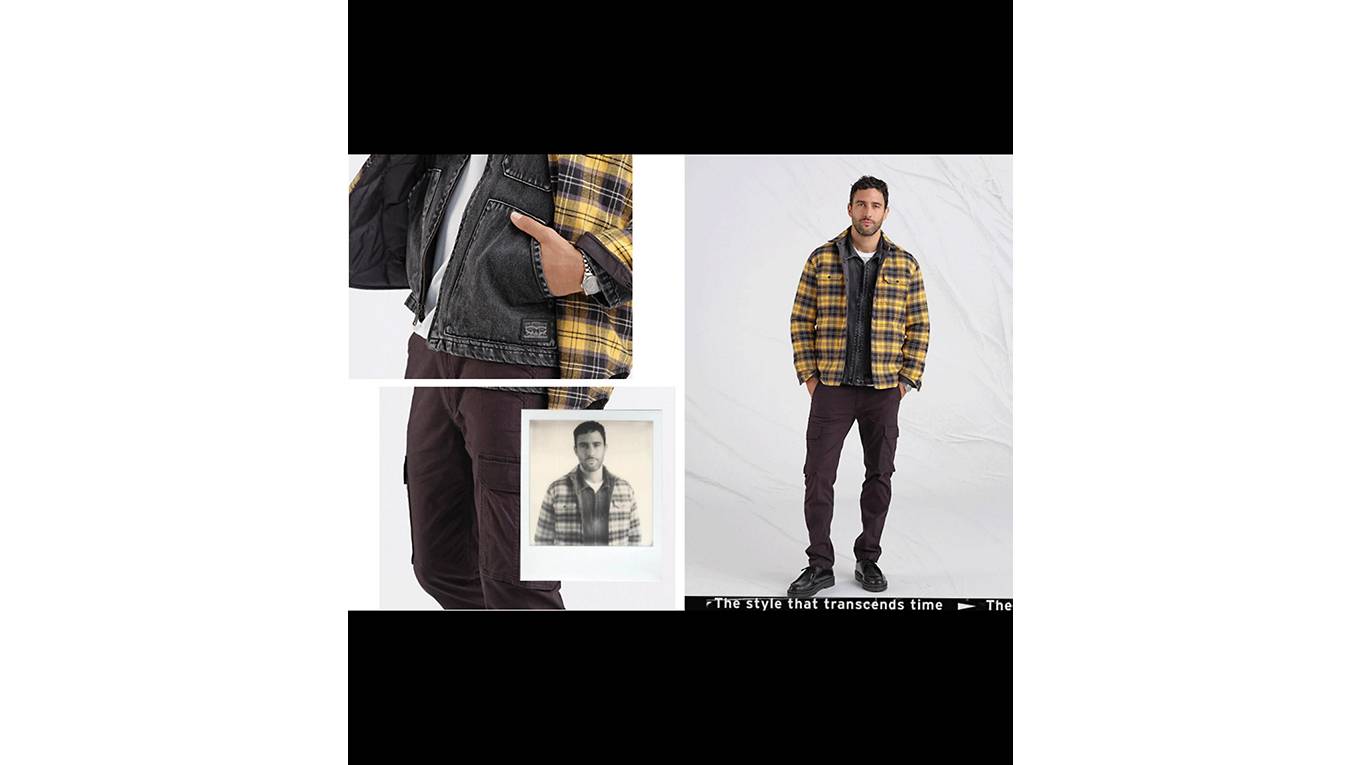 Utility Trend. Black/ yellow/ dark blue plaid jacket with brown pants.