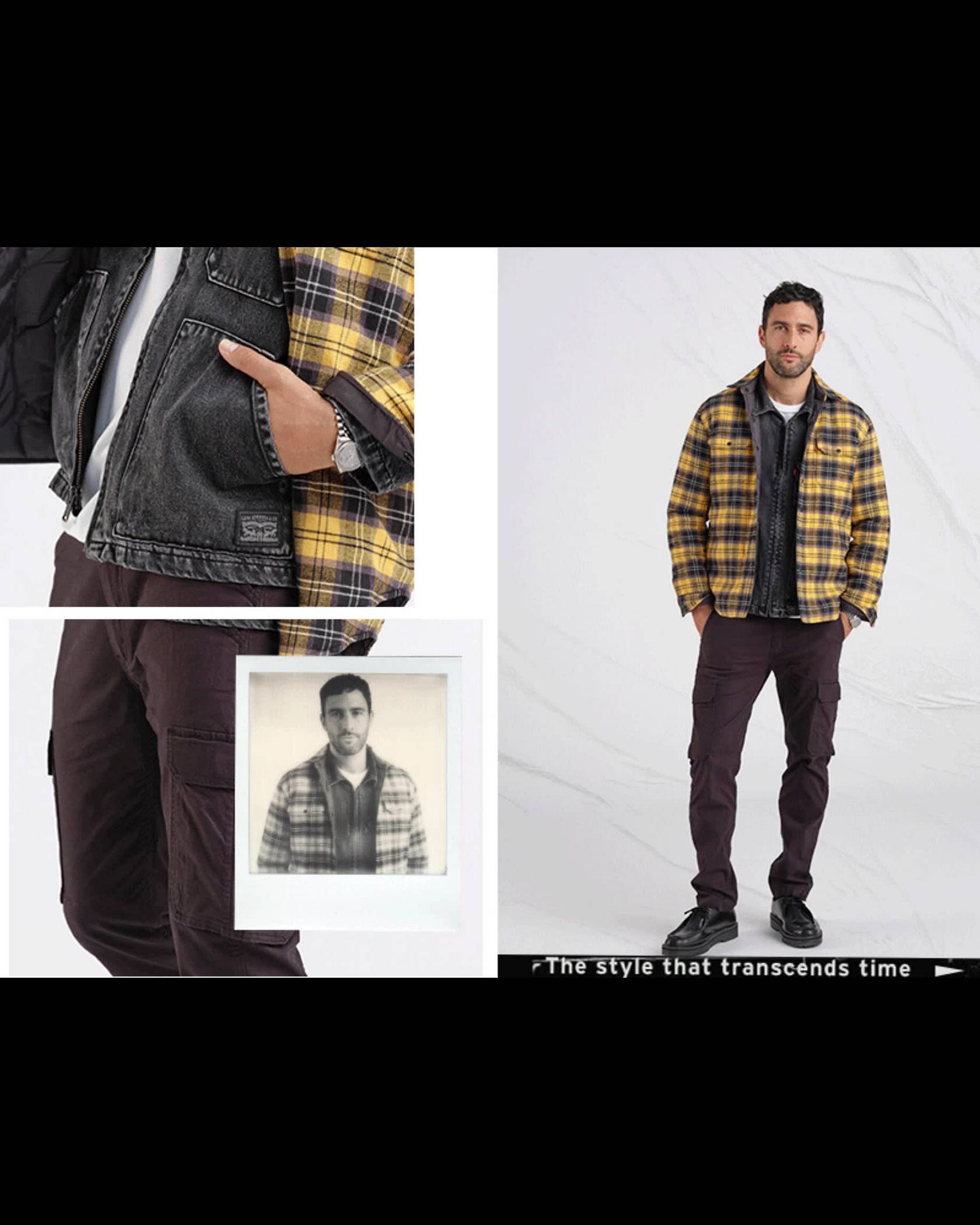 Utility Trend. Black/ yellow/ dark blue plaid jacket with brown pants.
