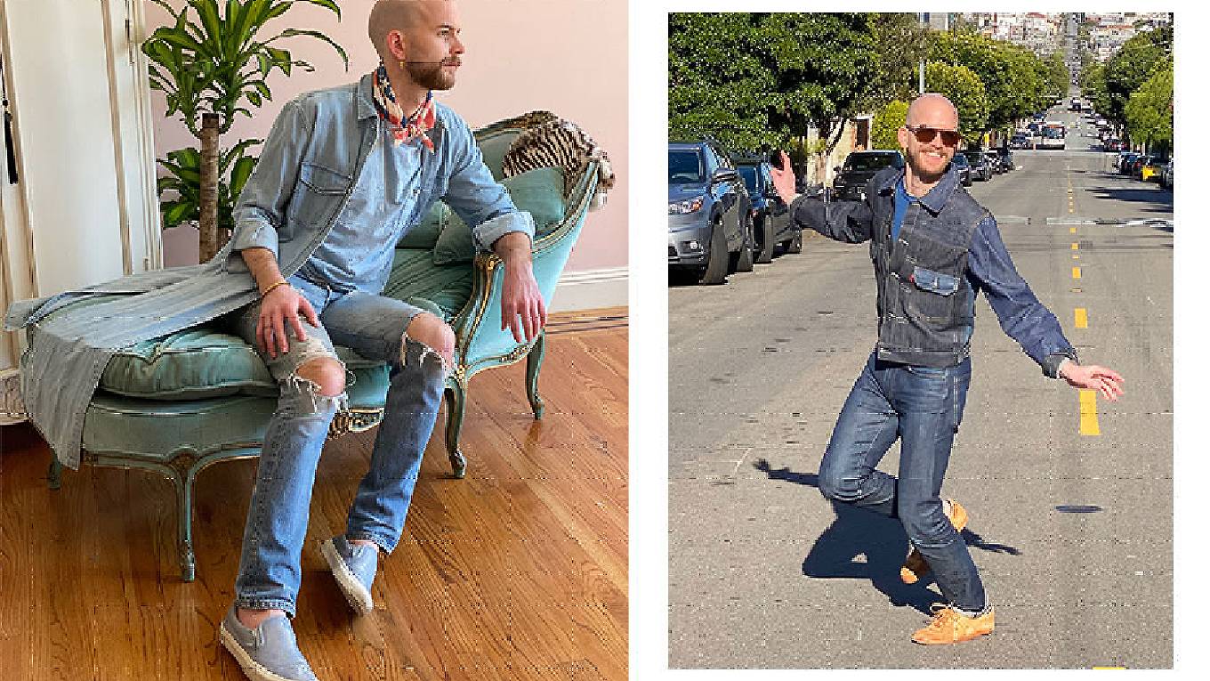 Side by side images of Austin McCune. In the first, he's sitting on a chaise lounge wearing all blue and denim. In the second, he's standing outside wearing head-to-toe denim.