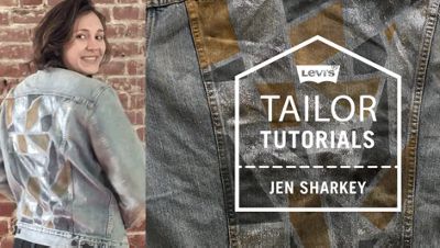 Video of Levi's® Tailor, Jen Sharkey, wearing the customized stained glass trucker jacket she created next to an image of the laydown of the trucker.
