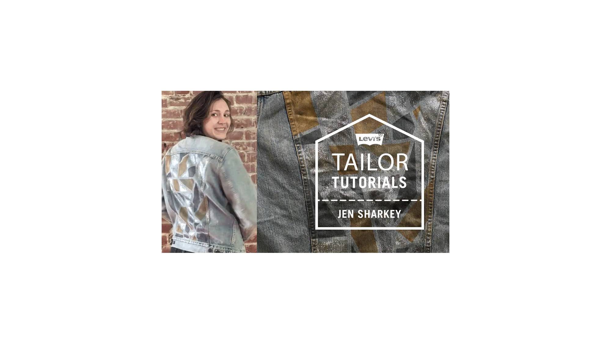 Video of Levi's® Tailor, Jen Sharkey, wearing the customized stained glass trucker jacket she created next to an image of the laydown of the trucker.