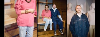 Collage of photos featuring Bettina Sapien and Ezra Price. Bettina is wearing a hot pink Levi's sweatshirt and faded light blue Levi's jeans. Ezra is wearing a denim jumpsuit with a grey hoodie underneath.