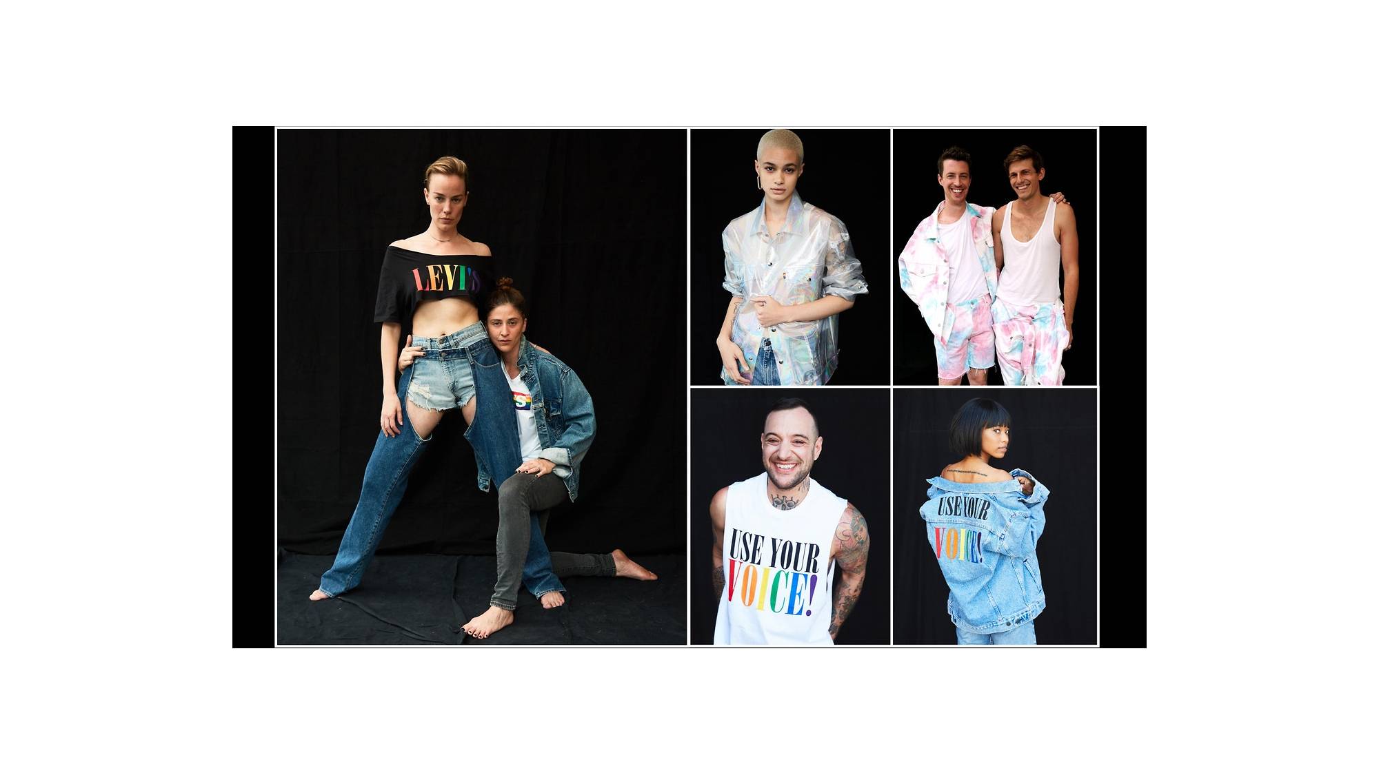 Models in pride apparel against black background