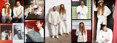 Collage of photos featuring Haley Slocum and Gem Mateo. They are both wearing white head-to-toe.
