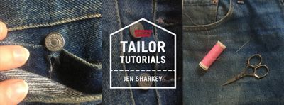 Header including three images, the left image with a close-up shot of a button, the middle image is an image of the button-fly on a pair of jeans, and the right image is of thread and a small pair of scissors.