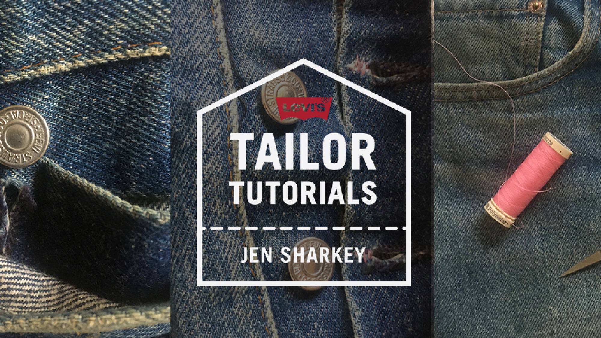Header including three images, the left image with a close-up shot of a button, the middle image is an image of the button-fly on a pair of jeans, and the right image is of thread and a small pair of scissors.