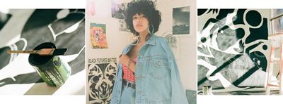 Portrait of Salomée Souag in her studio with images of her paintings on either side.