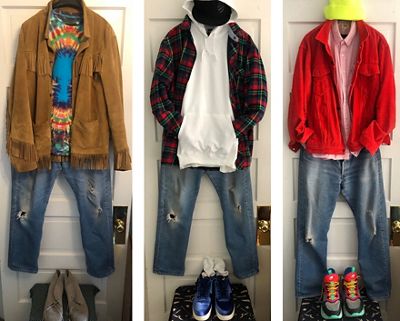 3 images of Michael Giordano's head-to-toe outfits hanging on the back of his door.