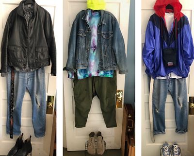 3 images of Michael Giordano's head-to-toe outfits hanging on the back of his door.