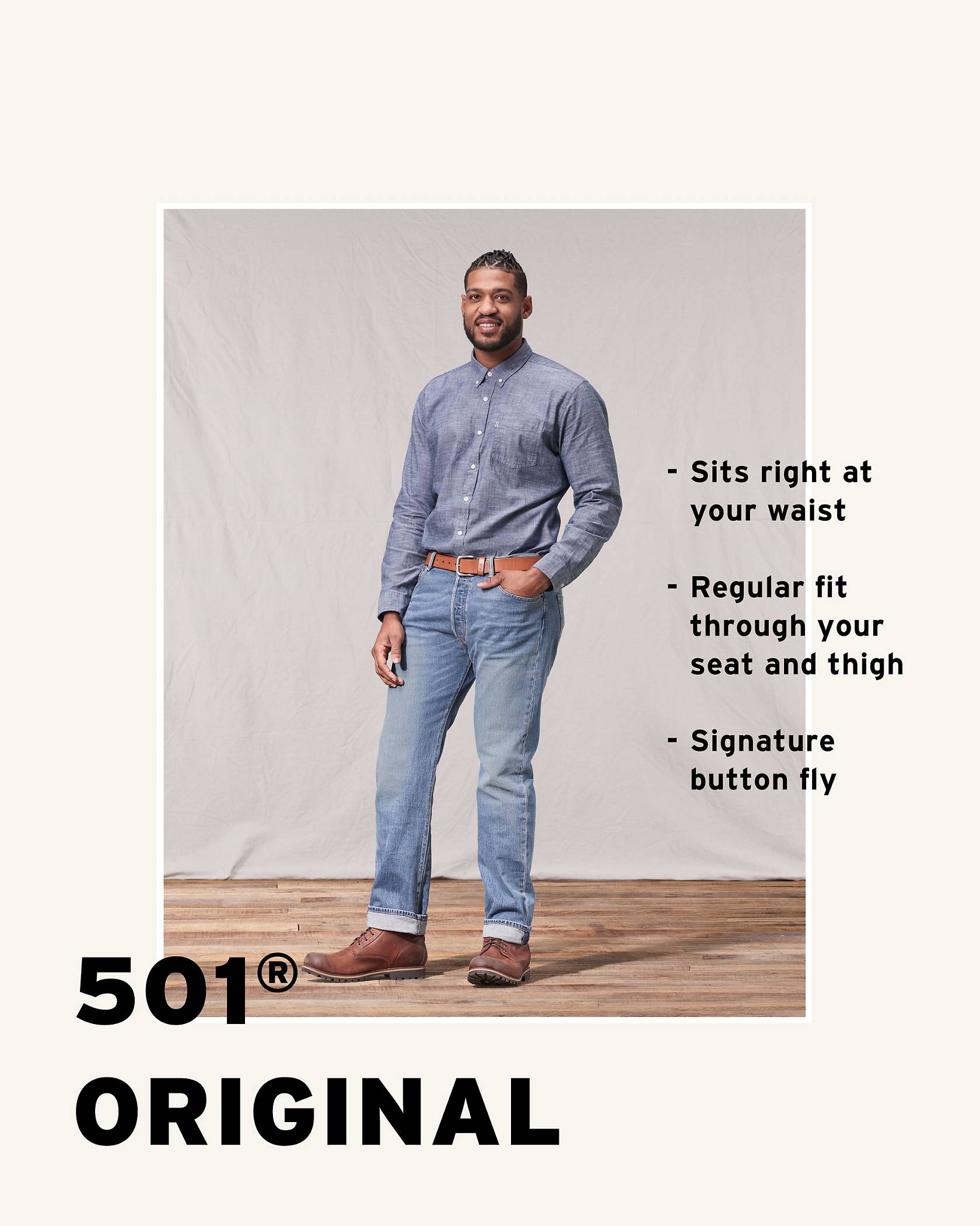 Levi's® model wearing a medium wash 501® Original jean with his left hand in his left pocket.