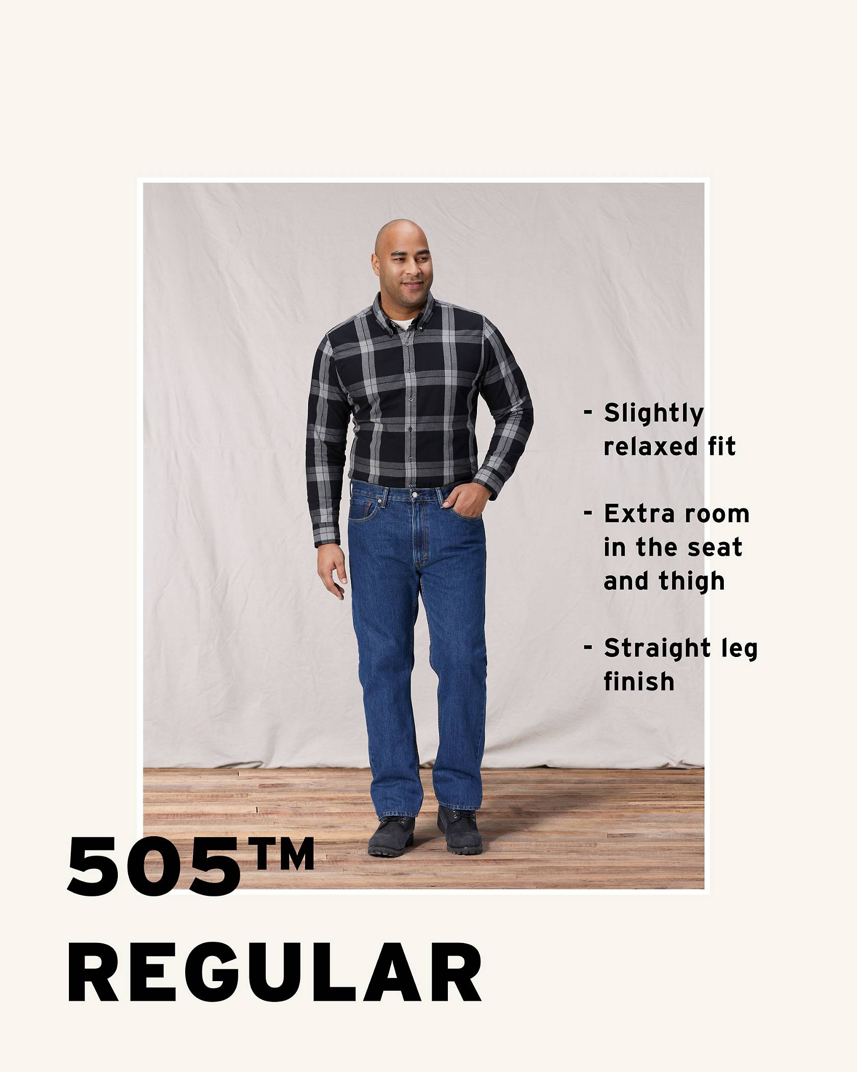 Model wearing a black and grey plaid shirt, 505™ Regular medium wash jeans, and black shoes while his left hand is in his left front pocket.