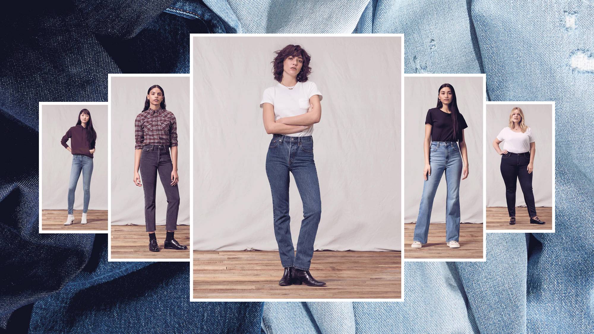 Rotating image between five models wearing five different women's Levi's® jeans in a range of different washes.