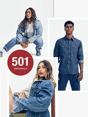 501 day originals, 3 images from left to right. All wearing denim