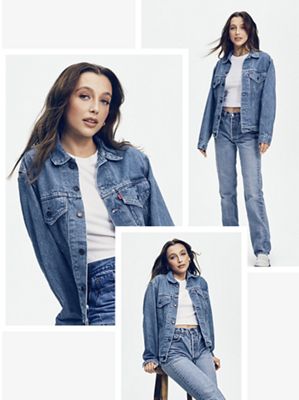 Emma Chamberlain wearing a canadian tuxedo.