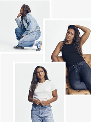 naomi osaka sitting in a chair wearing denim