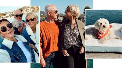 Casey and family wearing 70'S HIGH RISE SLIM STRAIGHT WOMEN'S JEANS, CROPPED LOOSE WINTER SHERPA SLEEVE TRUCKER JACKET, DELANY PLEATED BUTTON-UP BLOUSE, and PORTOLA CHORE COAT