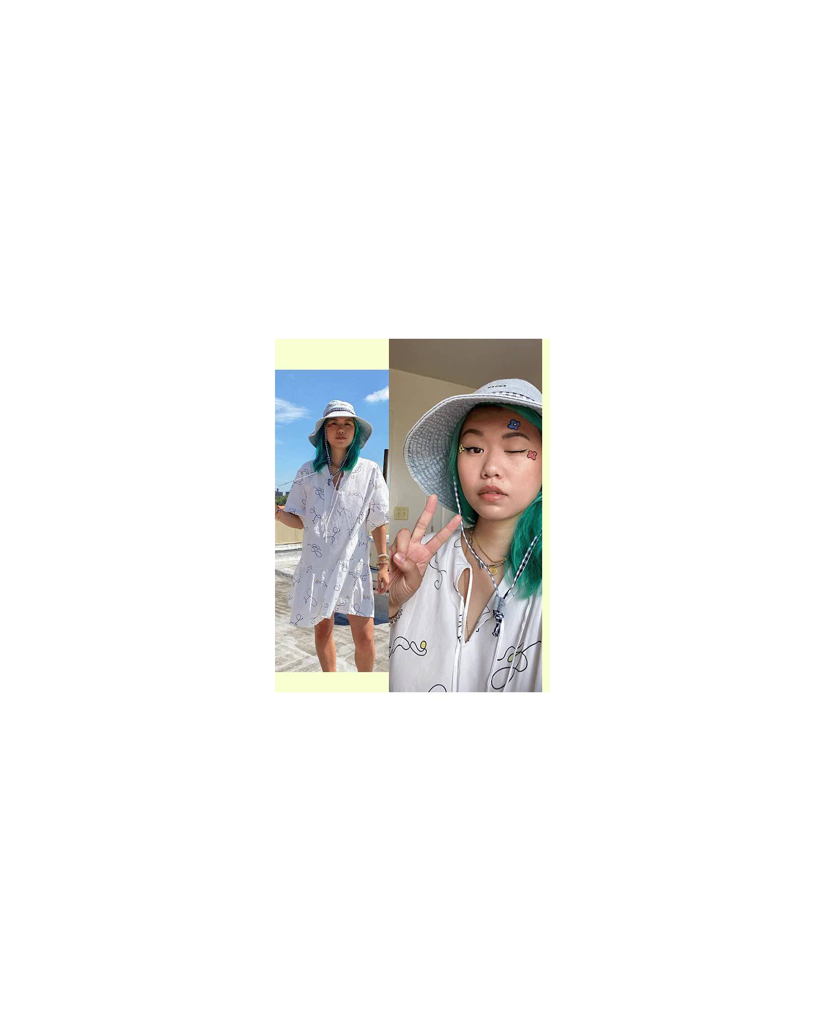 A gif of two images featuring Mi-Anne Chan. The left image is Mi-Anne wearing a long white dress and bucket hat, the right image is a close up of Mi-Annes face.