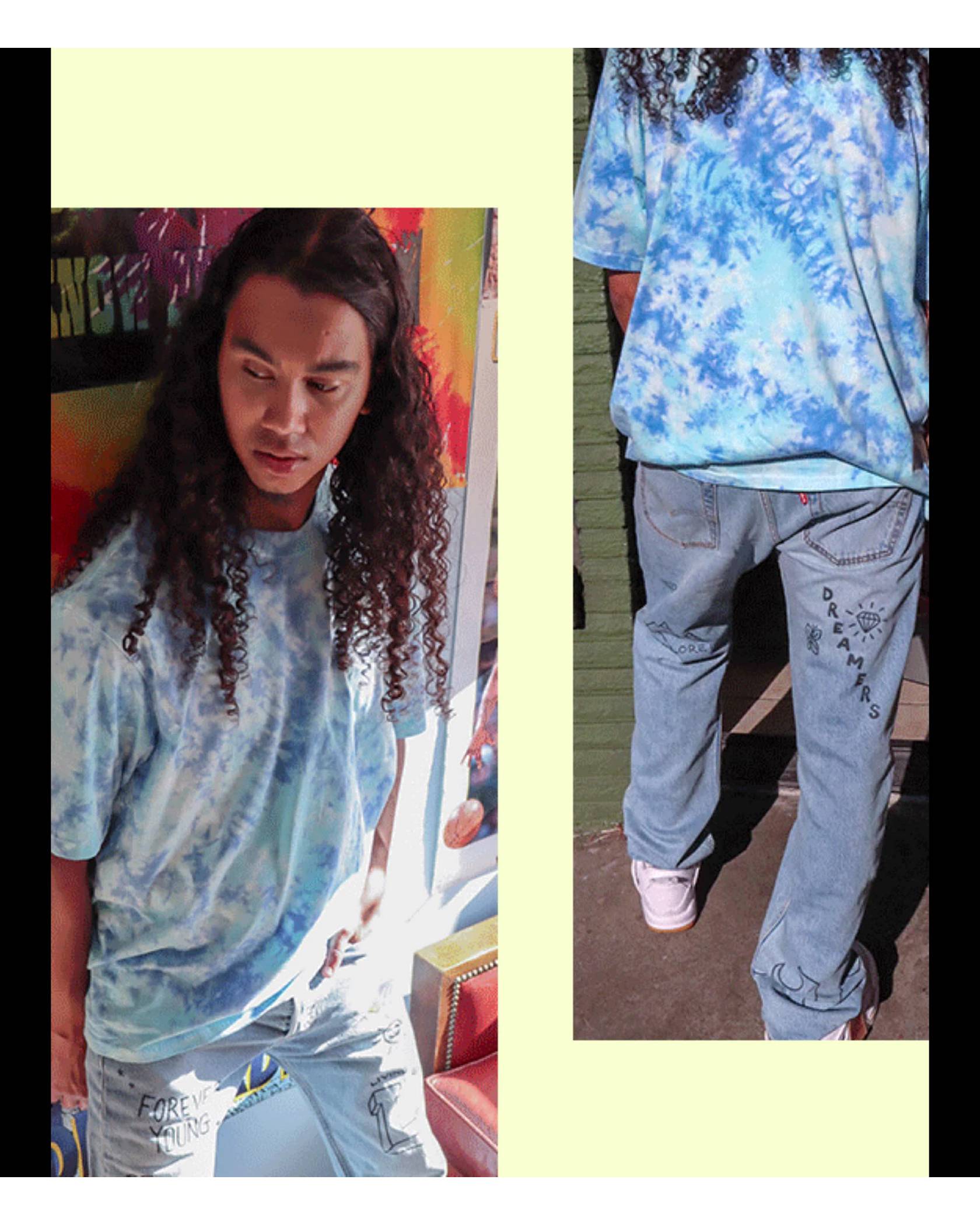 A gif of two images both featuring Skip Jones. The right image is a shot of Skip from behind wearing a blue tye dye shirt and jeans and the left is a photo of Skip's face.