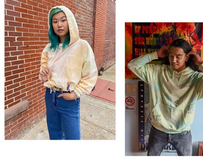 Two photos, the left photo is Mi-Anne wearing a light sweatshirt and Levi's jeans and the right shows Skip Jones wearing a a light tye dye sweatshirt and dark jeans