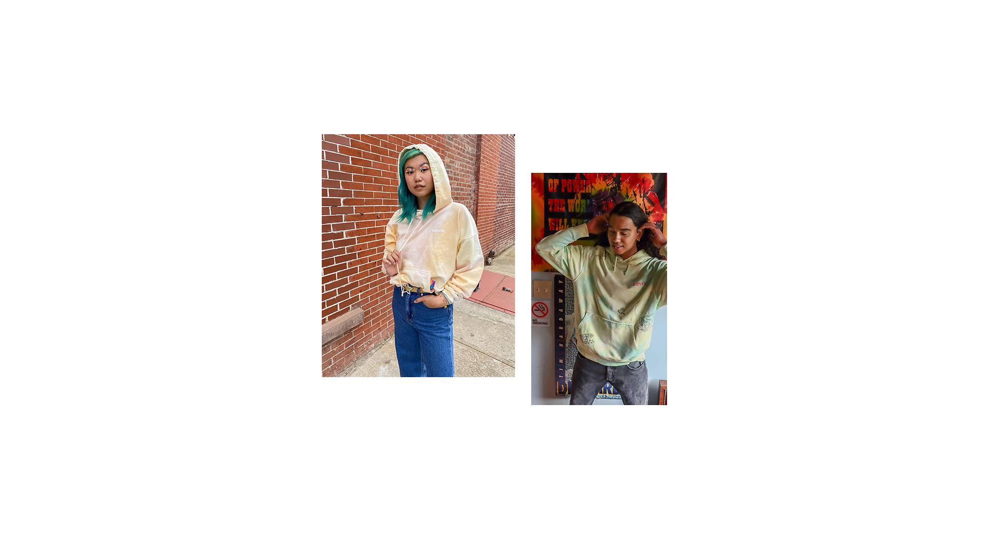 Two photos, the left photo is Mi-Anne wearing a light sweatshirt and Levi's jeans and the right shows Skip Jones wearing a a light tye dye sweatshirt and dark jeans