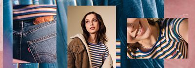Three photos overlaid on a photo of jeans. The first photo shows the back pocket of Emma's Levi jeans. The second photo is a portrait shot of Emma Chamerlain wearing a striped Levi's shirt and a Levi's brown sherpa trucker. The third photo is a closeup shot of Emma's smiling face.