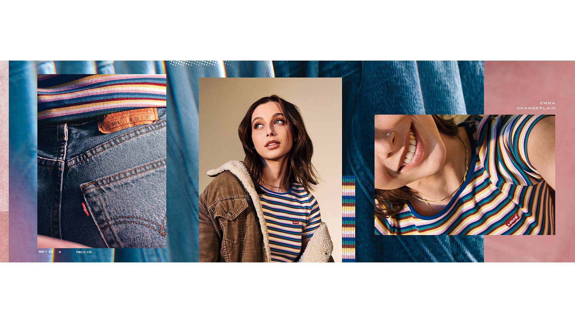 Three photos overlaid on a photo of jeans. The first photo shows the back pocket of Emma's Levi jeans. The second photo is a portrait shot of Emma Chamerlain wearing a striped Levi's shirt and a Levi's brown sherpa trucker. The third photo is a closeup shot of Emma's smiling face.