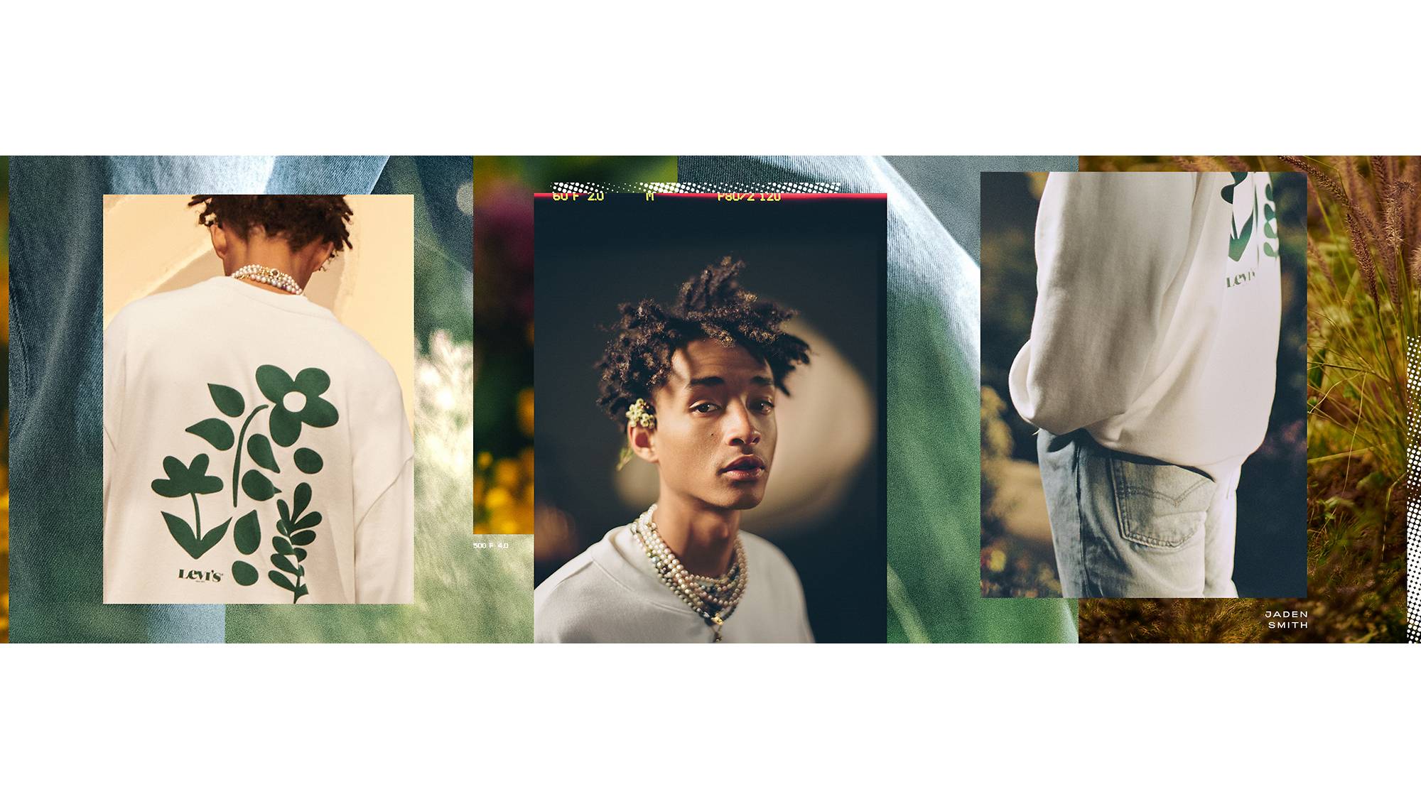 Three images of Jaden Smith in head-to-toe Levi's® clothing. The left image is of the floral design on the back of the long-sleeve cream tee shirt Jaden is wearing. The middle image is a close-up shot of Jaden with a flower on his ear. The right image is of Jaden's jeans.