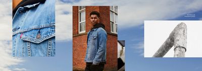 Three photos overlaid on a photo of blue sky. The first photo is a closeup shot of the breast pocket of a Levi's Trucker jacket, the second photo is Marcus Rashford standing in front of a brick building wearing a black hoodie under a Levi's Trucker Jacket and the third photo shows the corner of a simple soccer goal with no net in black and white.