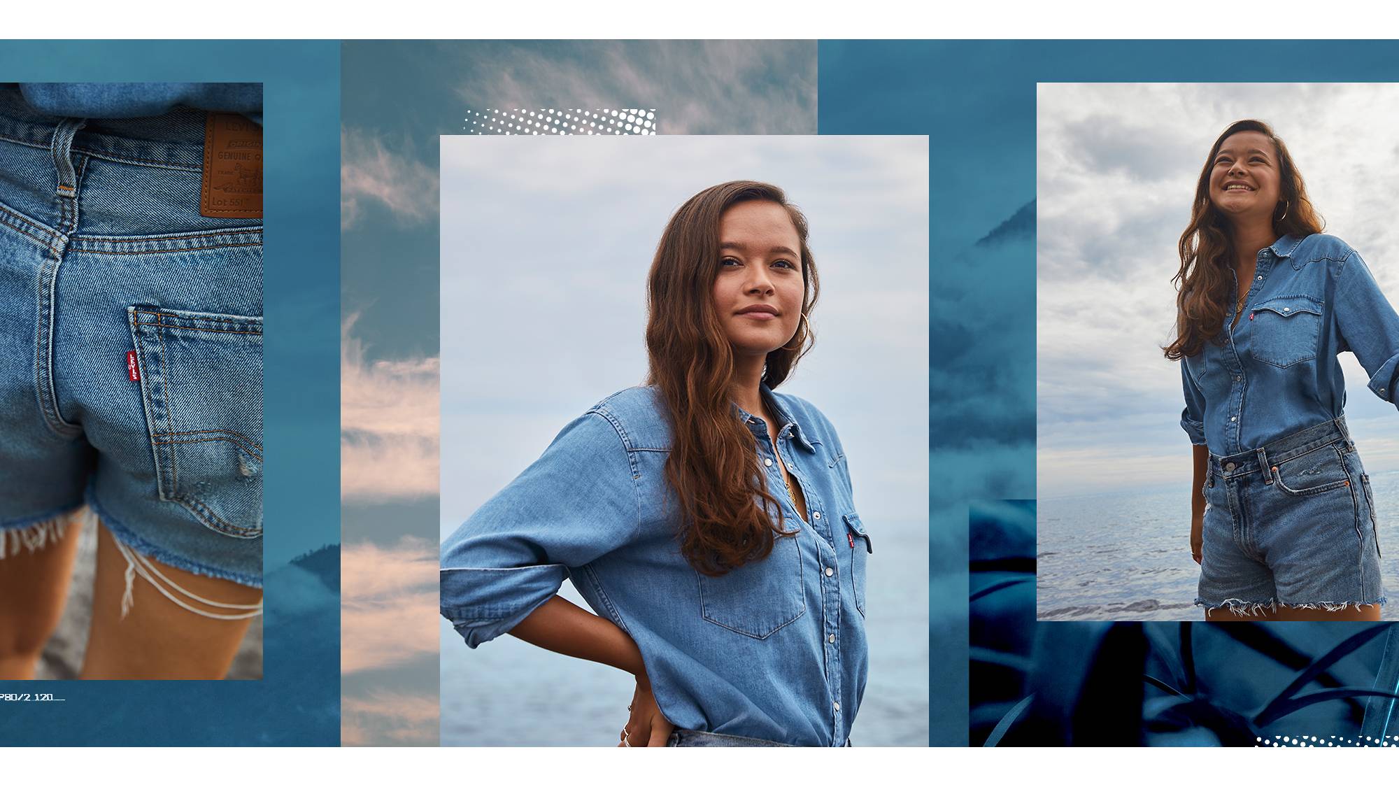 Three photos, the first shows the back pockets of Melati's Levi jean shorts, the second photo is a portrait shot of Melati in a Levi's button up standing with her hands on her hips, and the third photo shows Melati standing in front of the ocean laughing wearing Levi jean shorts and a Levi's button up shirt