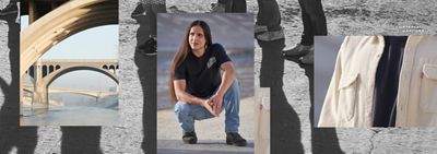 Three photos, one of a bridge, one of Xiuhtezcatl squatting on the ground and one of a close up shot of the breast pocket of a Levi's button up shirt.