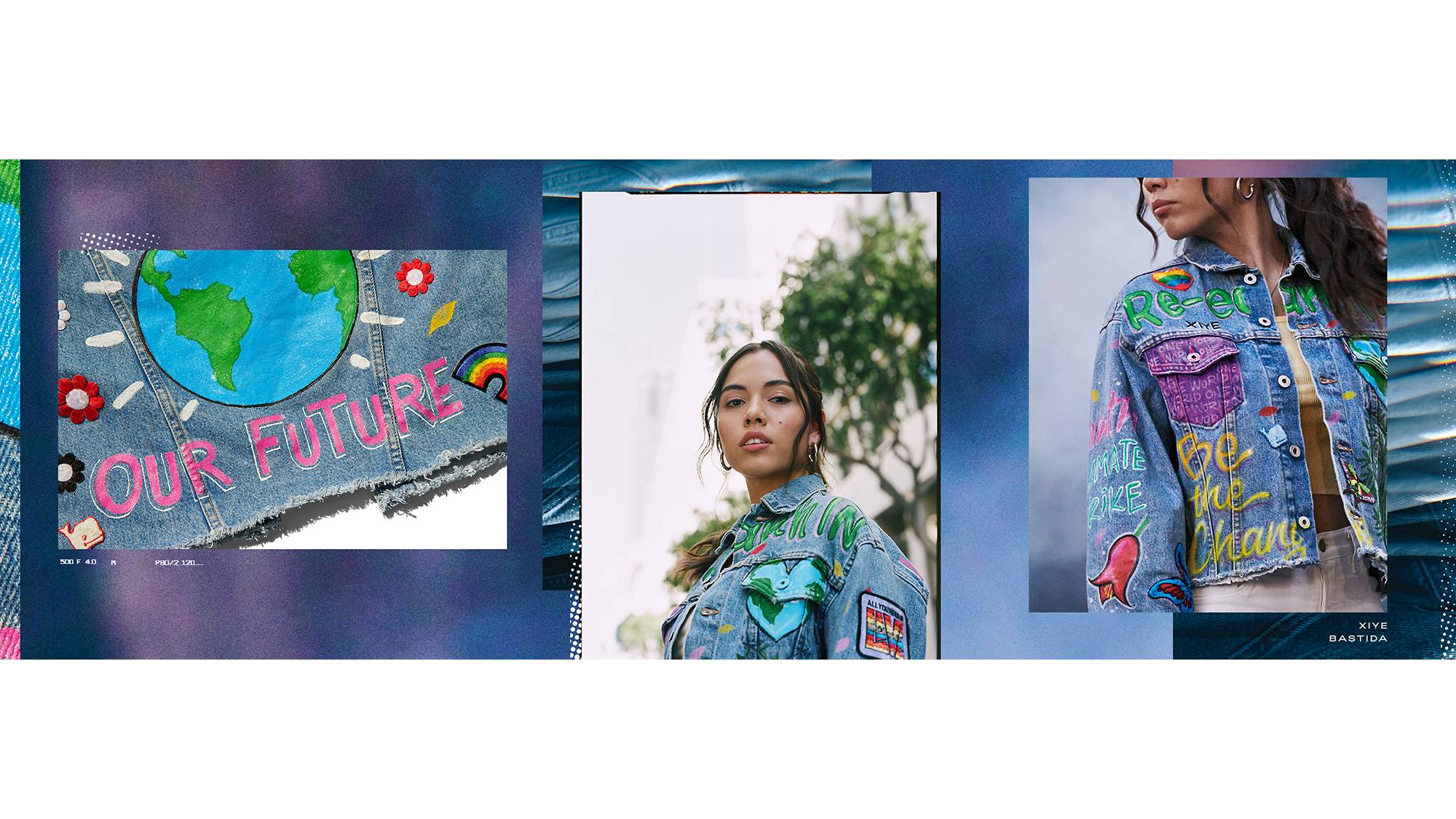Three photos. The first is a zoomed in shot of a Levi's trucker jacket with a world painted on it and the words "Our Furture". The second is a portrait shot of Xiye Bastida wearing a hand painted Levi's Trucker jacket. The third photo is a zoomed in shot showcasing Xiye's unique hand painted trucker jacket that features flowers, a purple pocket, and text that says, "Climate Strike" as well as "Be the Change"