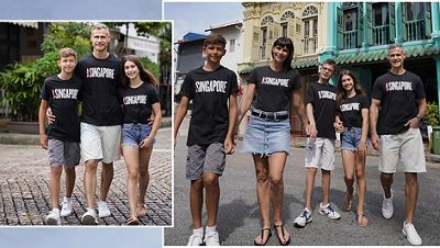 Collage of Nuholt Huisamen with his wife and three children. They are all wearing Levi's Singapore tees and shorts.
