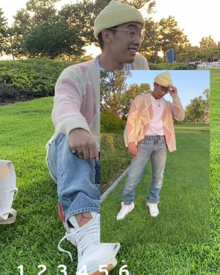 mens holiday style, sitting outside