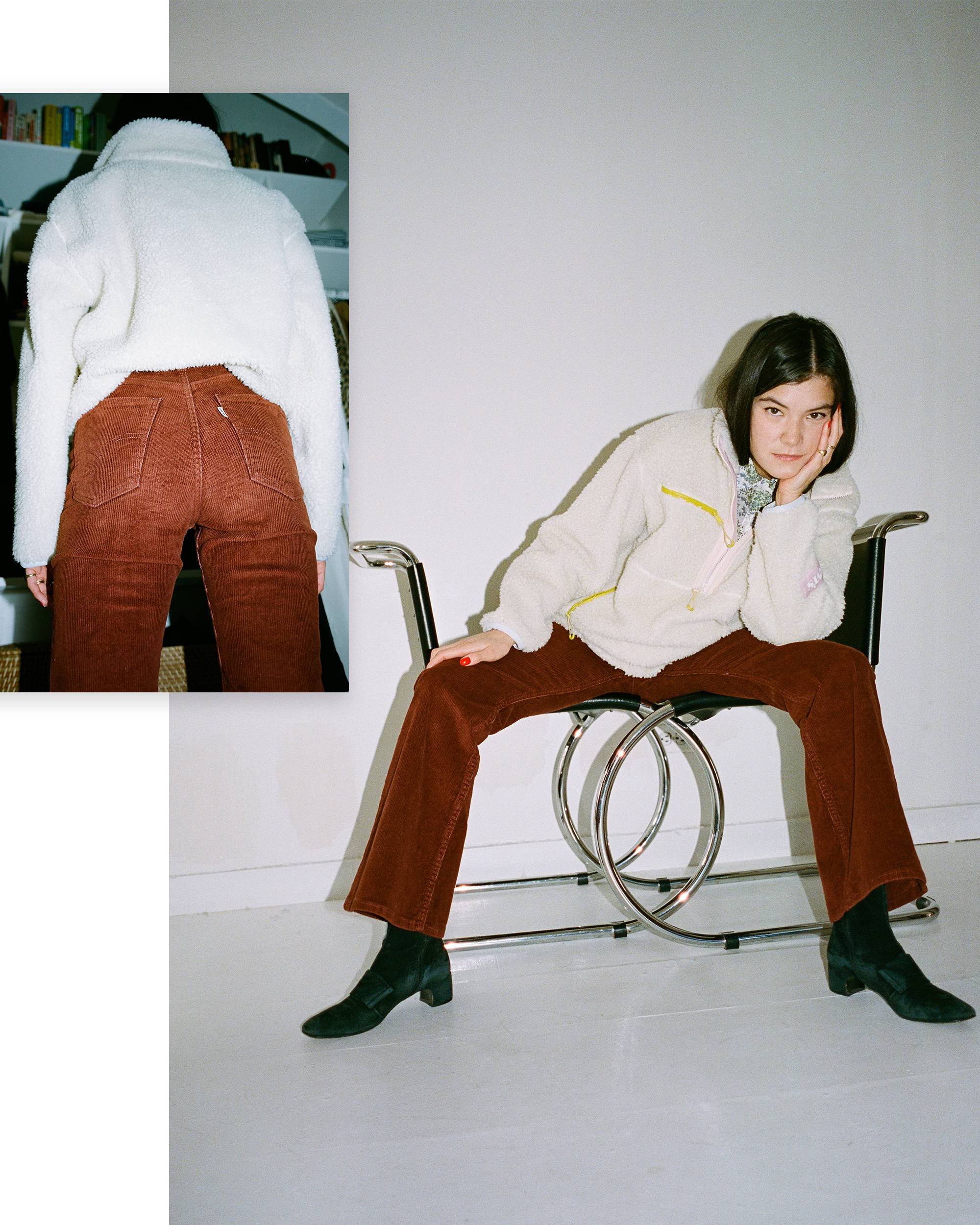 Three shots of a woman wearing rust colored jeans