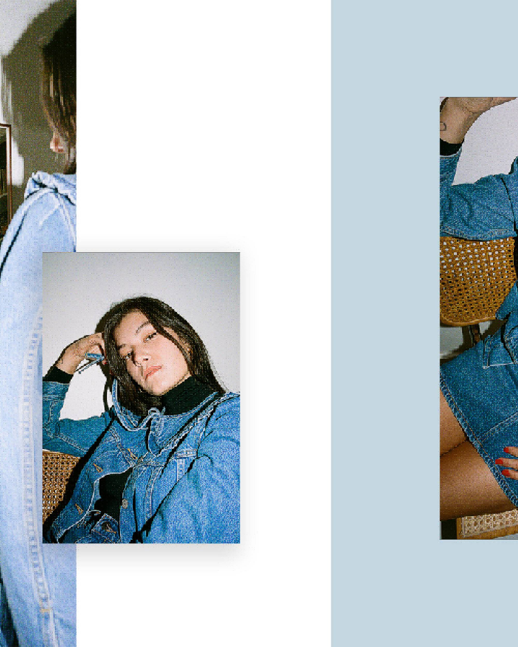 Three different photos, one of a women looking in a mirror wearing a denim skirt and jacket, a close up shot of her looking at the camera and one of her sitting in a chair with the camera looking down at her