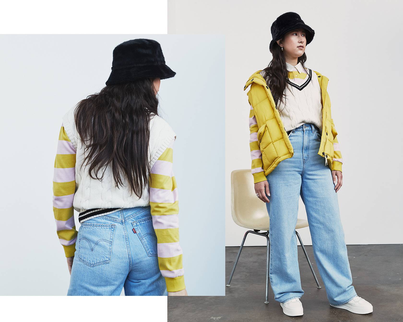 Image of the high loose jeans, black bucket hat, and a yellow puffy vest.